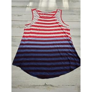 New Directions Weekend Womens Medium Striped Tank Top Red White Blue Lace Accent
